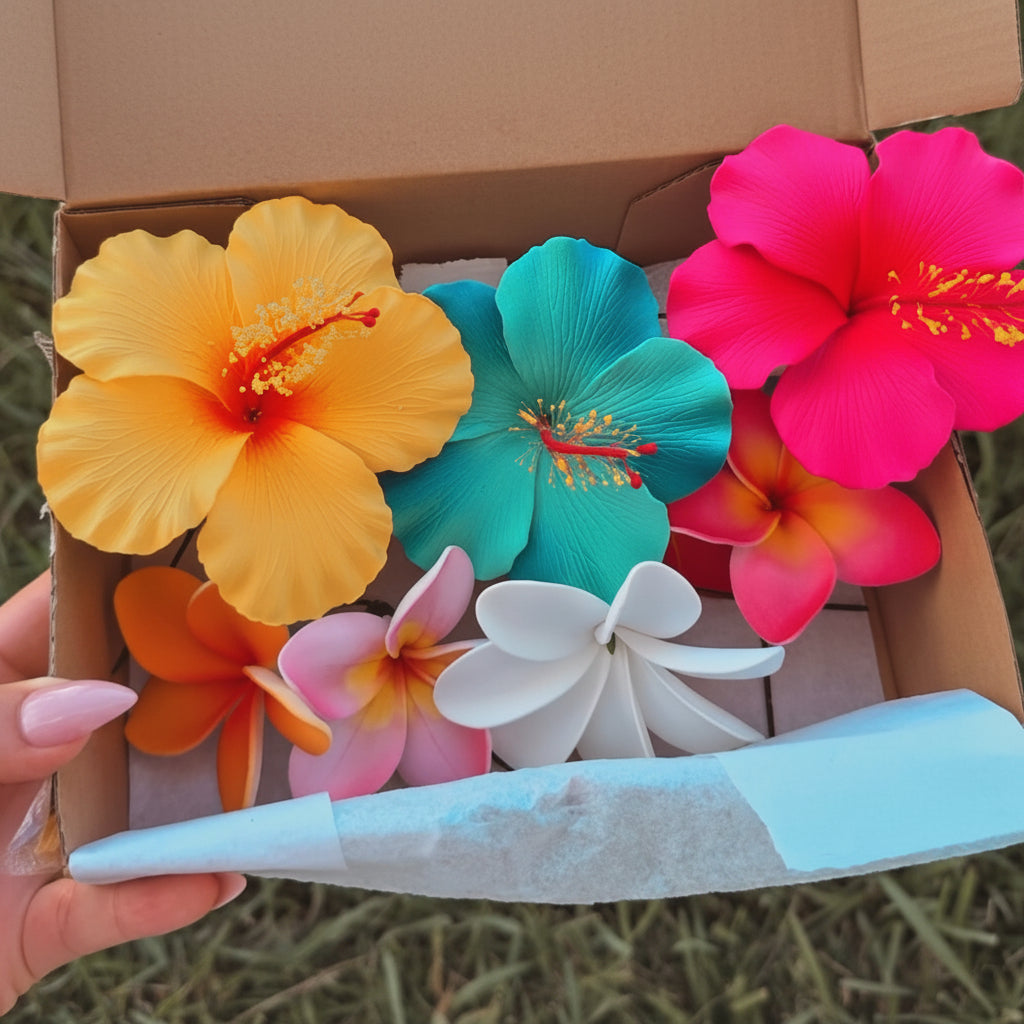 Colorful artificial flowers in a box held by a person with pink nail polish.