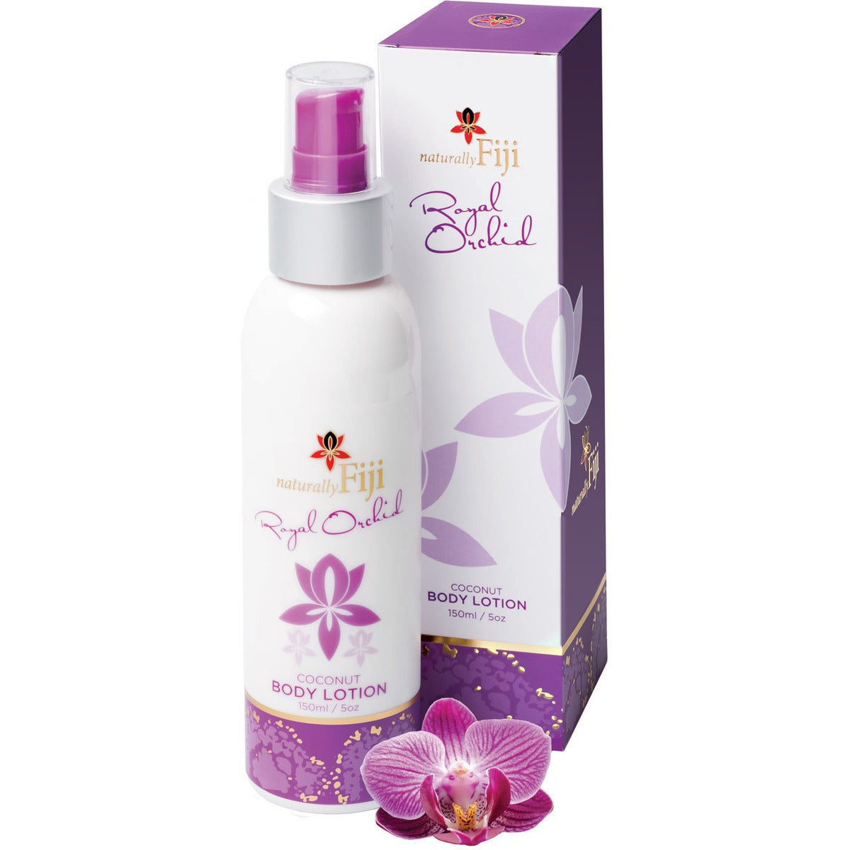 Natural Fiji Royal Orchid Coconut Body Lotion in a white spray bottle with a purple cap, shown next to its purple and white packaging box with a purple orchid flower graphic.