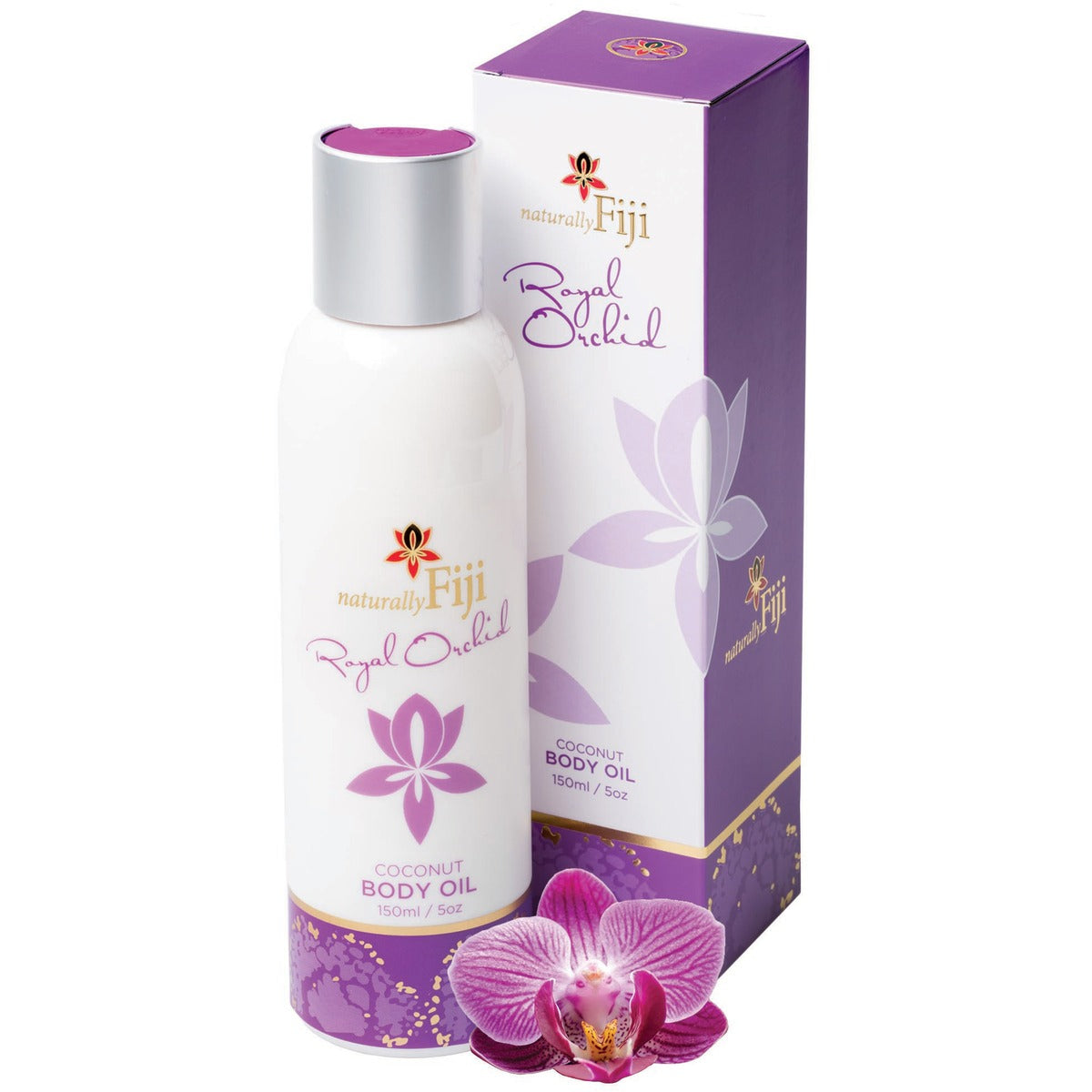 A bottle of naturally Fiji Royal Orchid Coconut Body Oil with a silver cap stands next to its purple and white packaging box, with a purple orchid flower in the foreground on a white background.