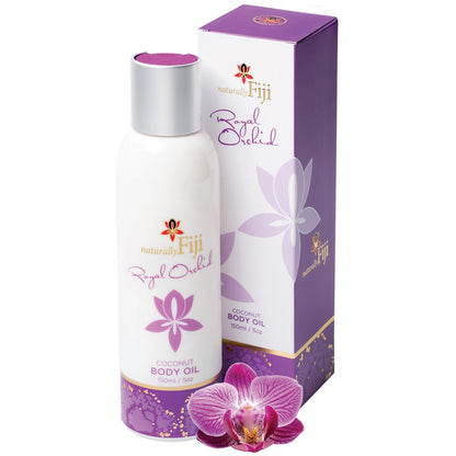 A bottle of naturally Fiji Royal Orchid Coconut Body Oil with a silver cap stands next to its purple and white packaging box, with a purple orchid flower in the foreground on a white background.