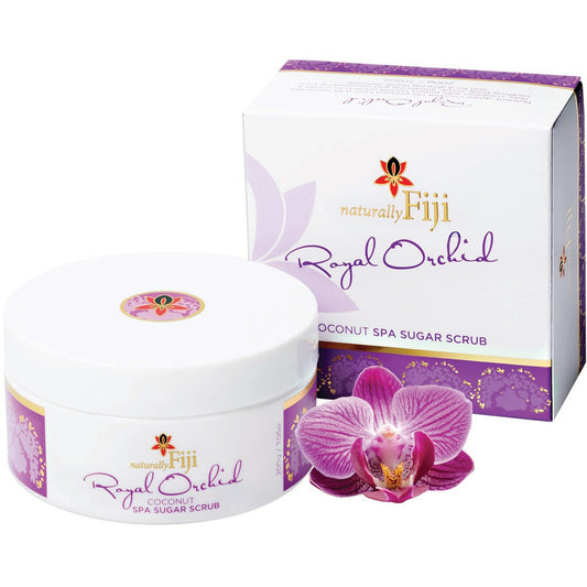 A white jar of naturally Fiji Royal Orchid Coconut Spa Sugar Scrub is shown in front of its white and purple packaging box, with a purple orchid flower graphic on a clean white background.