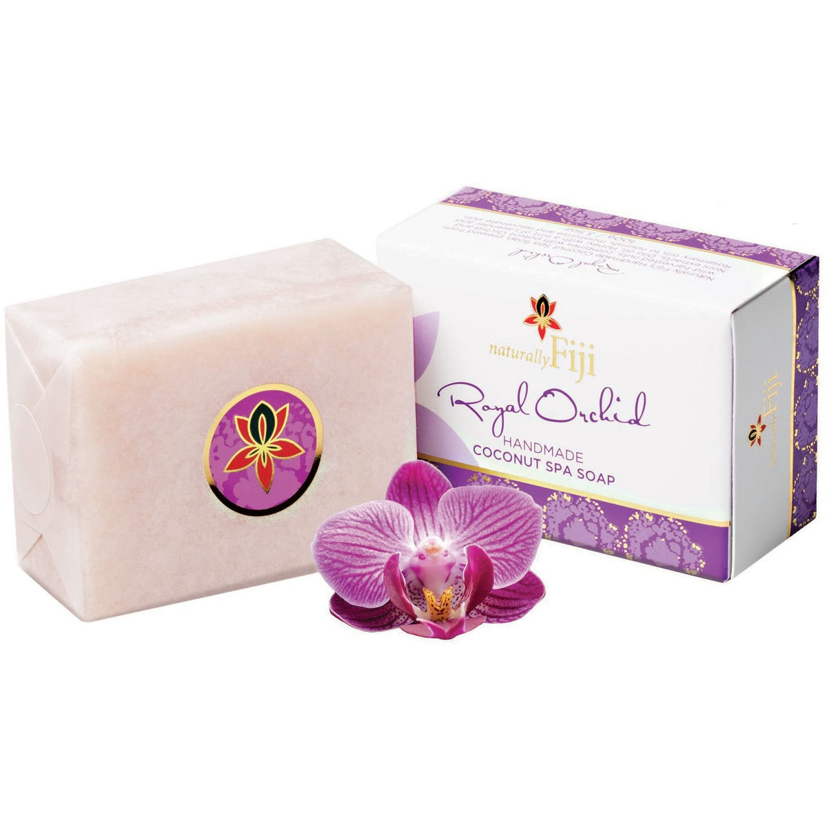 A bar of coconut spa soap in a pale pink rectangular bar with a purple and orange flower label, shown next to its white and purple retail box labeled 'naturalis Fiji Royal Orchid Handmade Coconut Spa Soap' with a purple orchid flower in front on a white background.