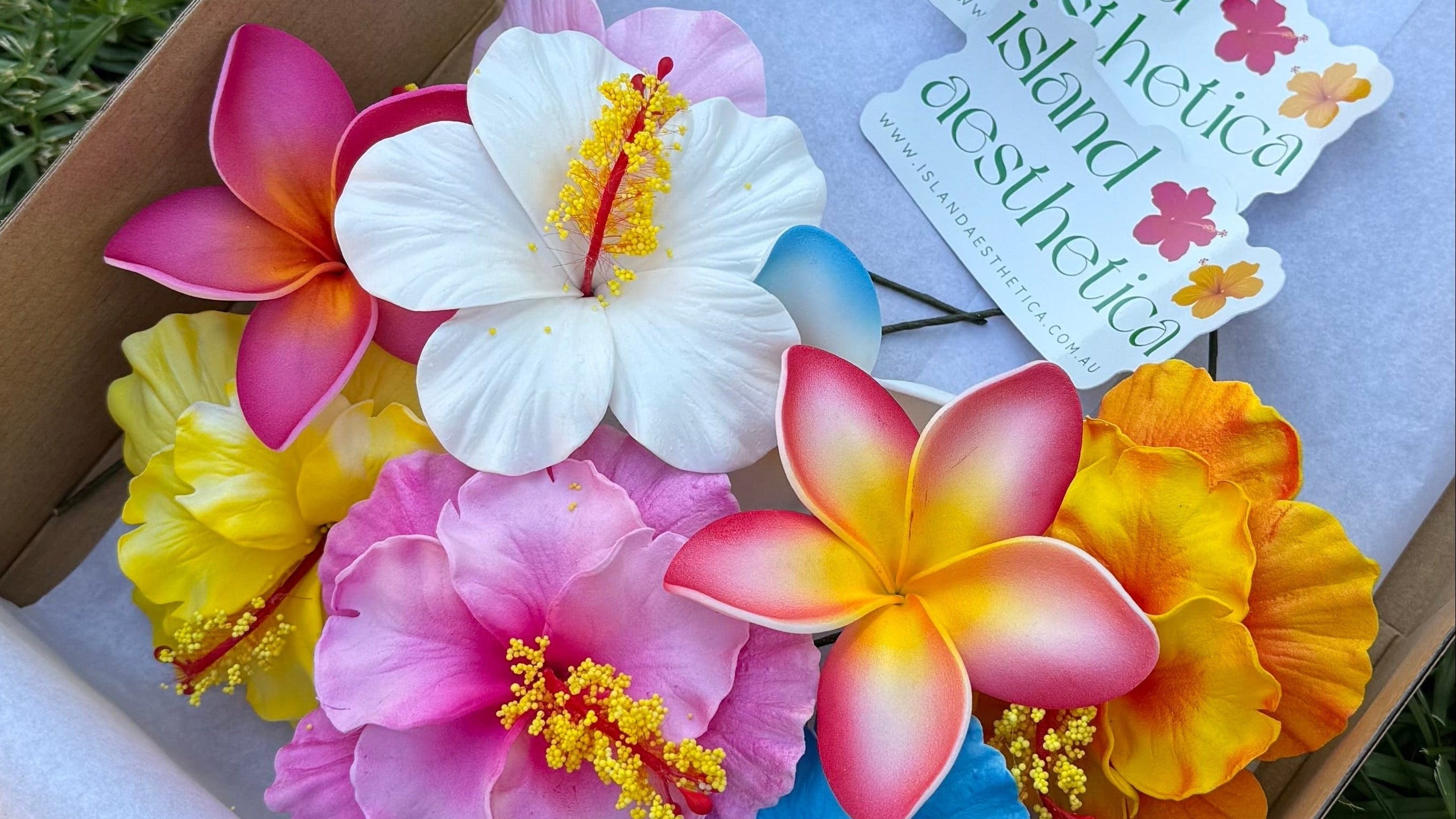  Shya Assorted Flower Gift Box with 9 foam hair flowers including hibiscus and frangipani by Island Aesthetica
