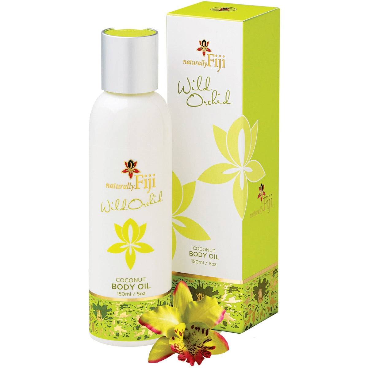 A bottle of naturally Fiji Will Olfid Coconut Body Oil with a silver cap stands next to its lime green and white packaging box, with a yellow and red flower graphic at the bottom of the bottle and a matching flower in the foreground.