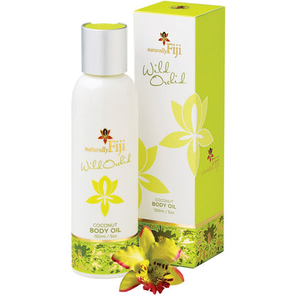 A bottle of naturally Fiji Will Olfid Coconut Body Oil with a silver cap stands next to its lime green and white packaging box, with a yellow and red flower graphic at the bottom of the bottle and a matching flower in the foreground.
