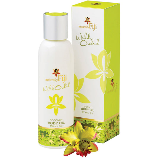 A bottle of naturally Fiji Will Olfid Coconut Body Oil with a silver cap stands next to its lime green and white packaging box, with a yellow and red flower graphic at the bottom of the bottle and a matching flower in the foreground.