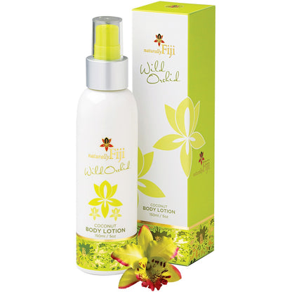 A bottle of naturally Fiji Wild Orchid Coconut Body Lotion with a silver spray nozzle, shown next to its lime green and white packaging box, with a small orchid flower in the foreground on a white background.