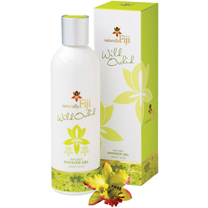 A bottle of naturally Fiji Wild Orchid Infused Shower Gel next to its green and white packaging box, with a yellow and red orchid flower in the foreground on a white background.