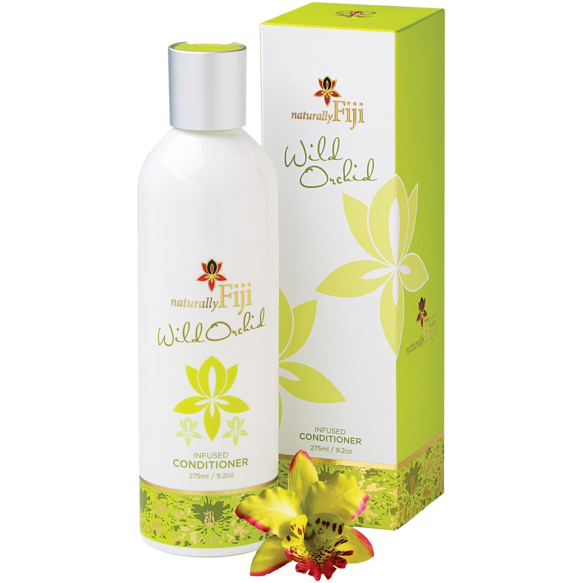 A bottle of naturally Fiji Wild Orchid Melalysed Conditioner next to its green and white packaging box, with a yellow and red orchid flower in the foreground on a white background.