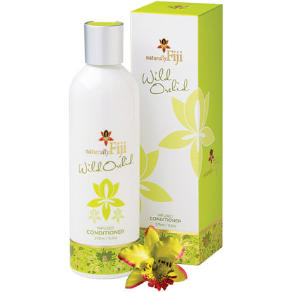 A bottle of naturally Fiji Wild Orchid Melalysed Conditioner next to its green and white packaging box, with a yellow and red orchid flower in the foreground on a white background.