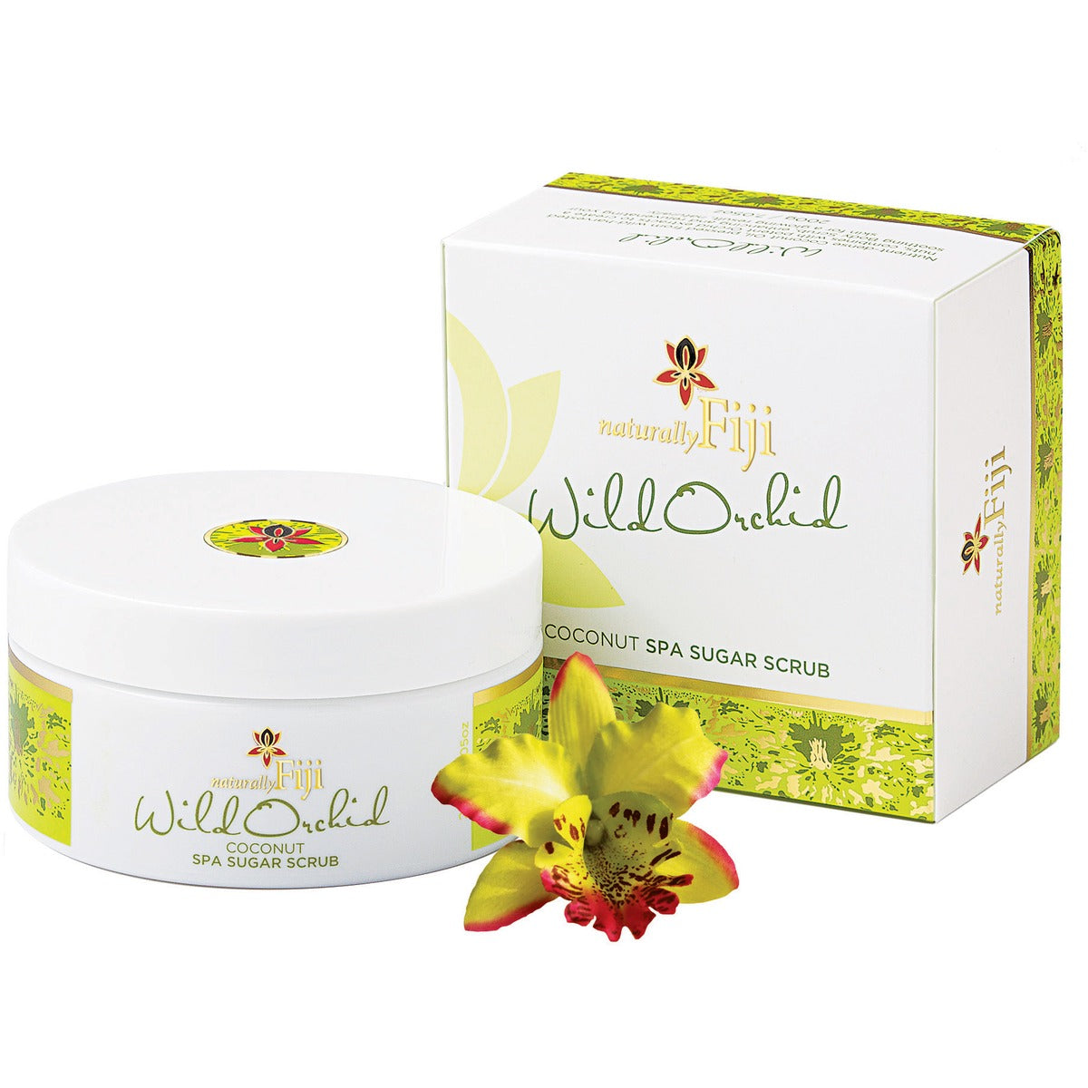 A white jar of naturally Fiji Wild Orchid Coconut Spa Sugar Scrub is shown alongside its white and green packaging box, with a yellow and red orchid flower in the foreground on a white background.