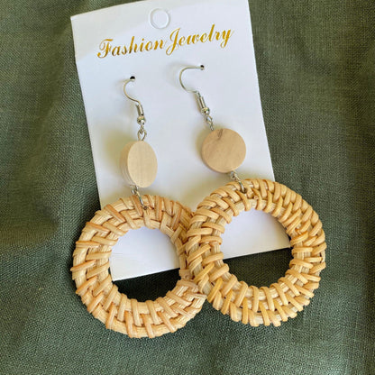 Anahera Round Woven Rattan Drop Earrings - Island Aesthetica