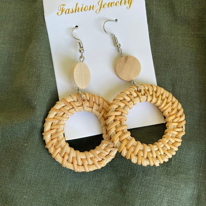Anahera Round Woven Rattan Drop Earrings - Island Aesthetica