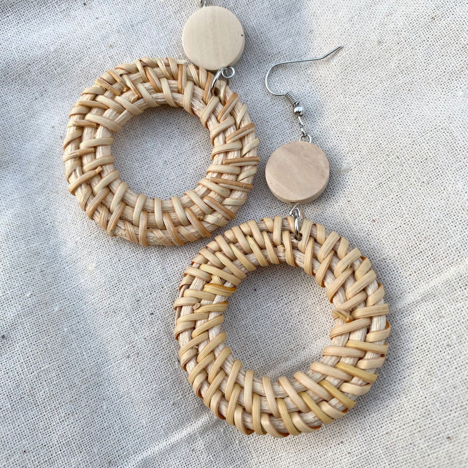 Anahera Round Woven Rattan Drop Earrings - Island Aesthetica