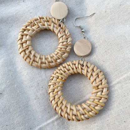 Anahera Round Woven Rattan Drop Earrings - Island Aesthetica