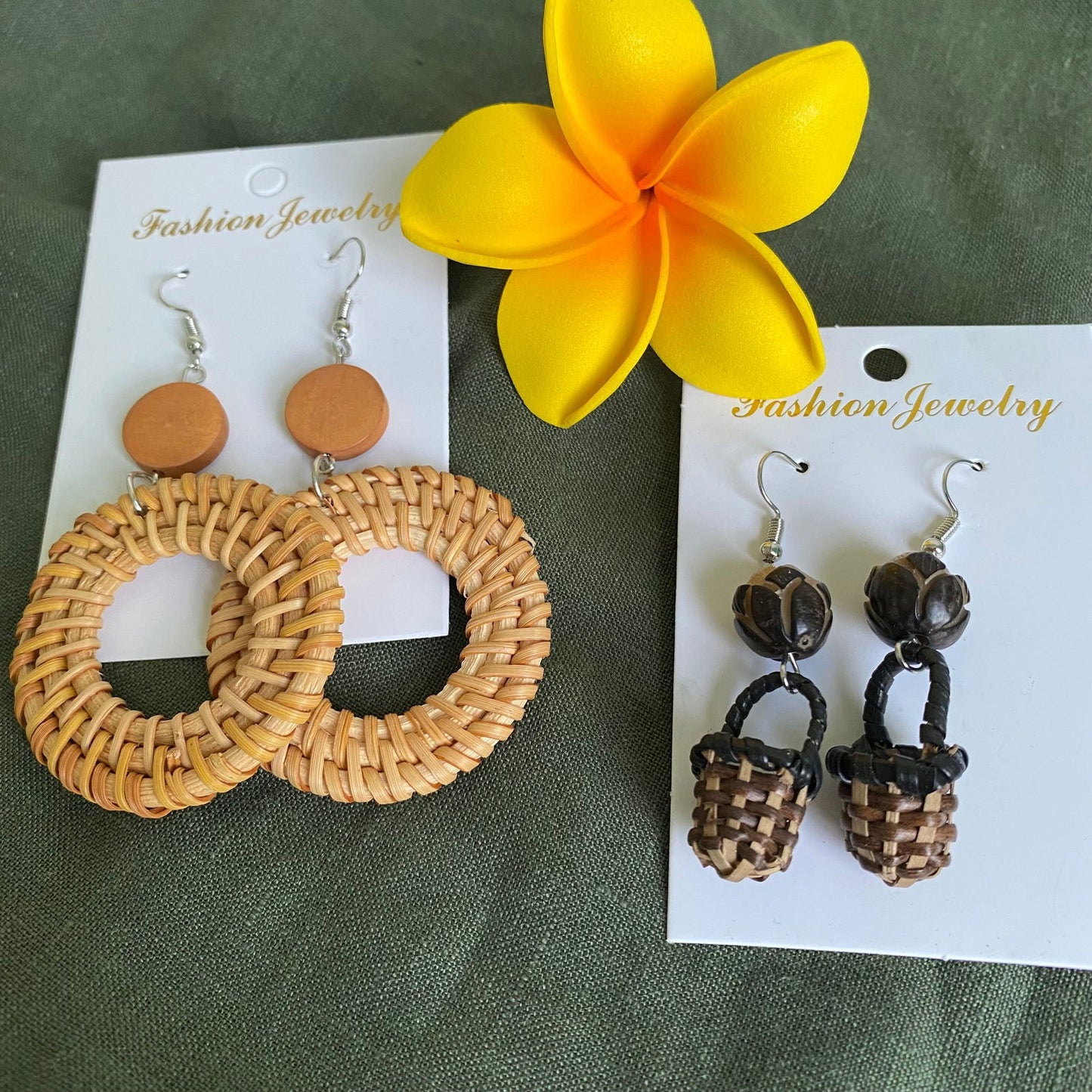 Awhina Basket Woven Rattan Drop Earrings - Island Aesthetica