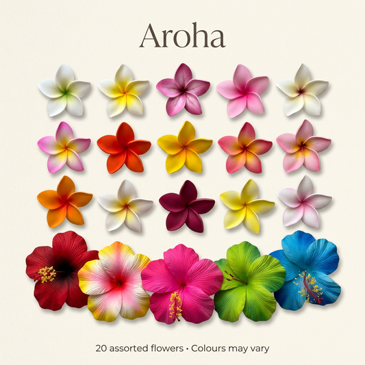 Aroha Hibiscus & Frangipani Sei Gift Box – 20 Assorted Flowers