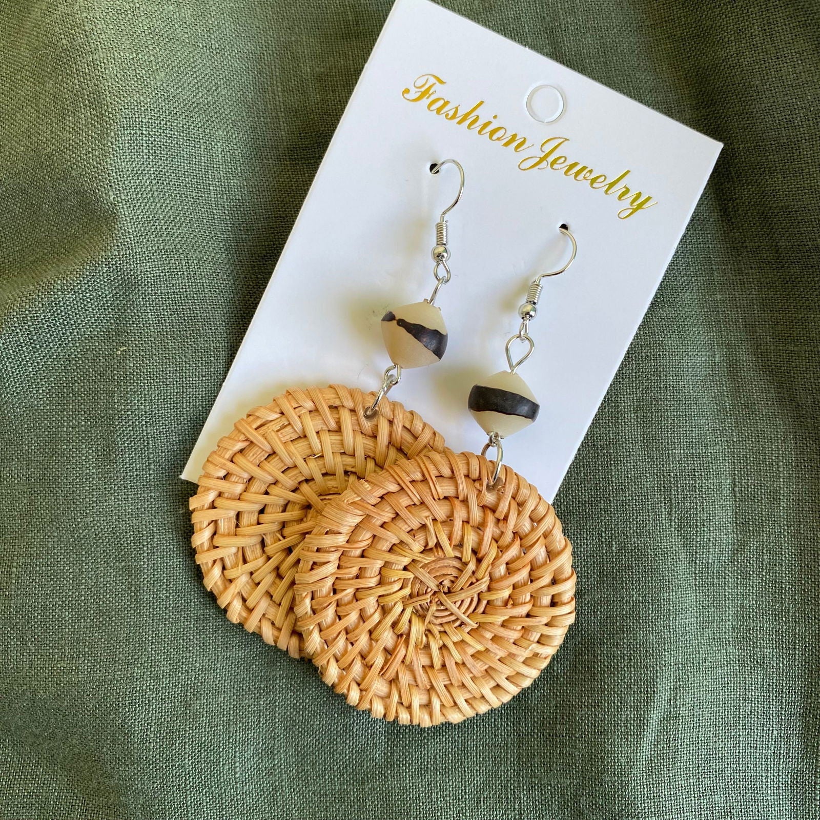 Keilani Round Woven Rattan Drop Earrings - Island Aesthetica